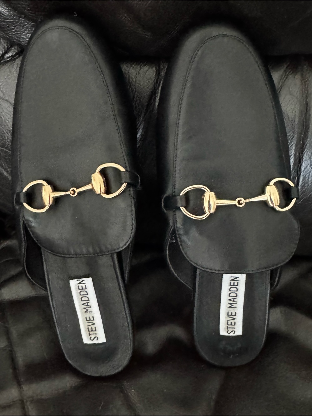 Steve Madden Black Suede-Look Mules with Gold Horsebit Accent